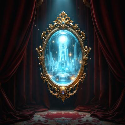 The primary subject of the image is a large, ornate mirror with a blue and gold frame. The mirror is set against a red curtain, creating a dramatic and visually striking scene. The visual style of the image is digital art, as it appears to be a computer-generated or digitally manipulated image. The colors and mood of the image are predominantly blue and gold, giving it a luxurious and elegant appearance.